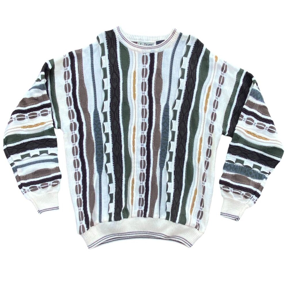Vintage Le Tigre Coogi Style Sweater Stripe Grunge 3D Textured 90s Grandpa-XL